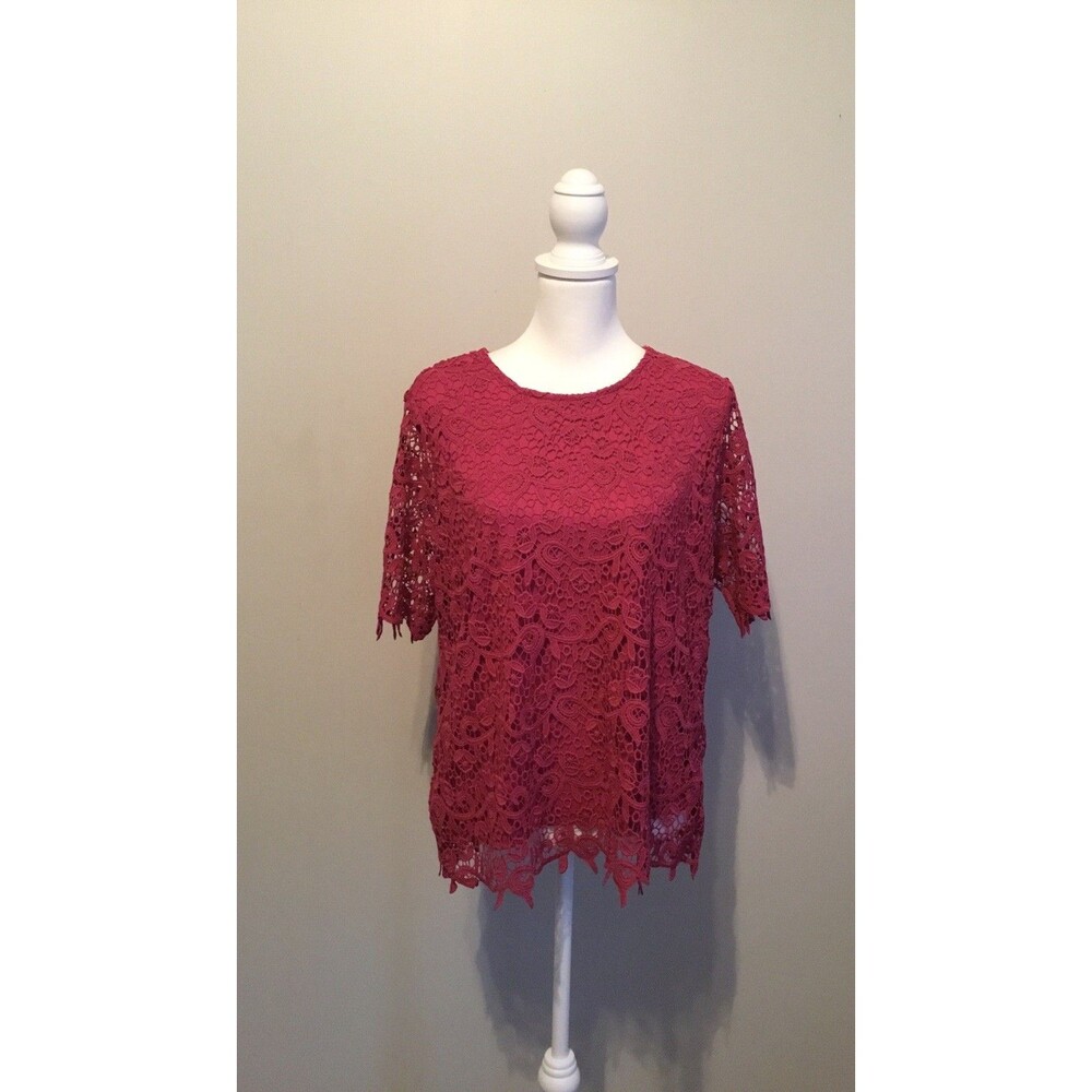 Philosophy Womens Pink short Sleeve Scalloped Crochet NWT Lace Sz L - Picture 2 of 9